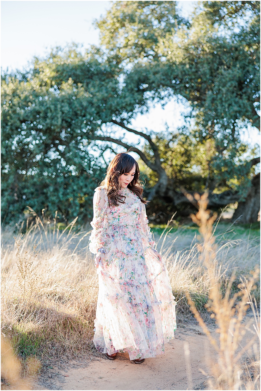 50th Birthday Photo Session Elegant & Whimsical woman in floral spring maxi dress