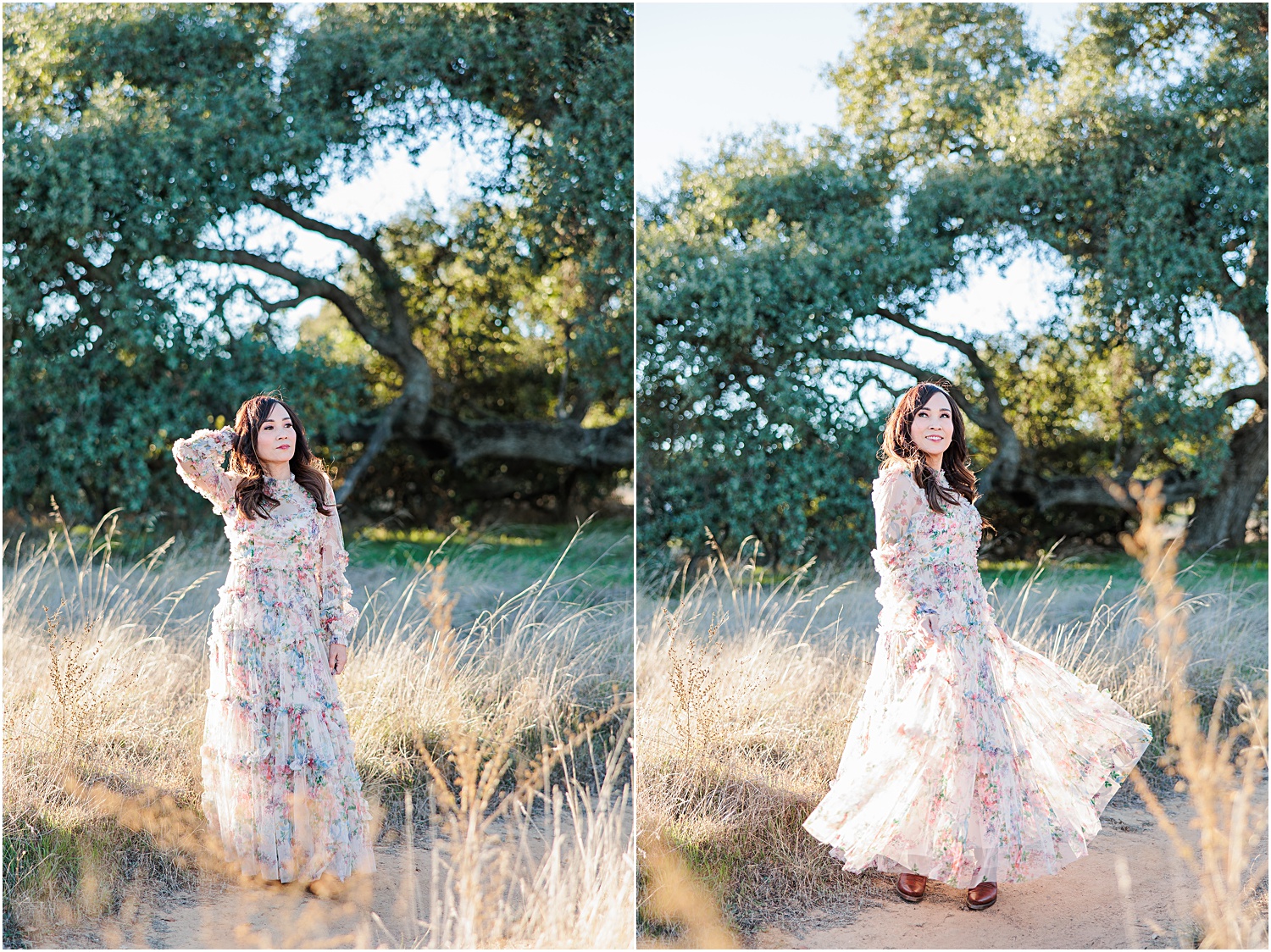 50th Birthday Photo Session Inspiration - woman in floral spring tulle maxi dress