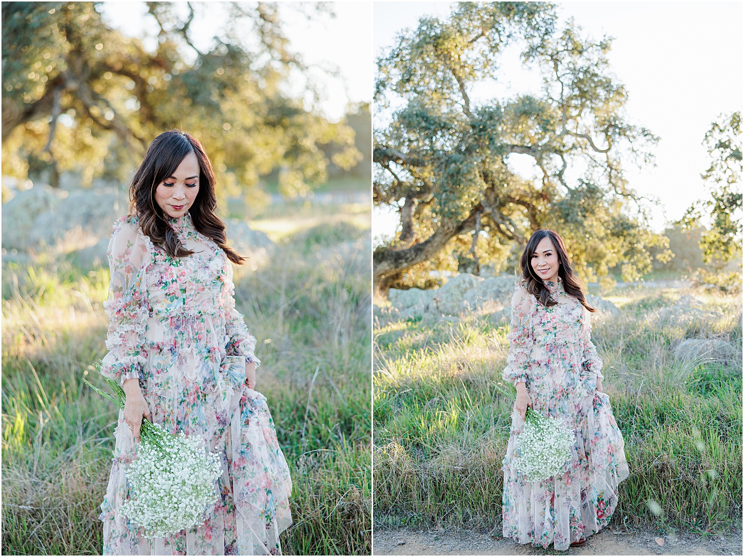 Woman in spring floral maxi dress in front of oak trees at golden hour