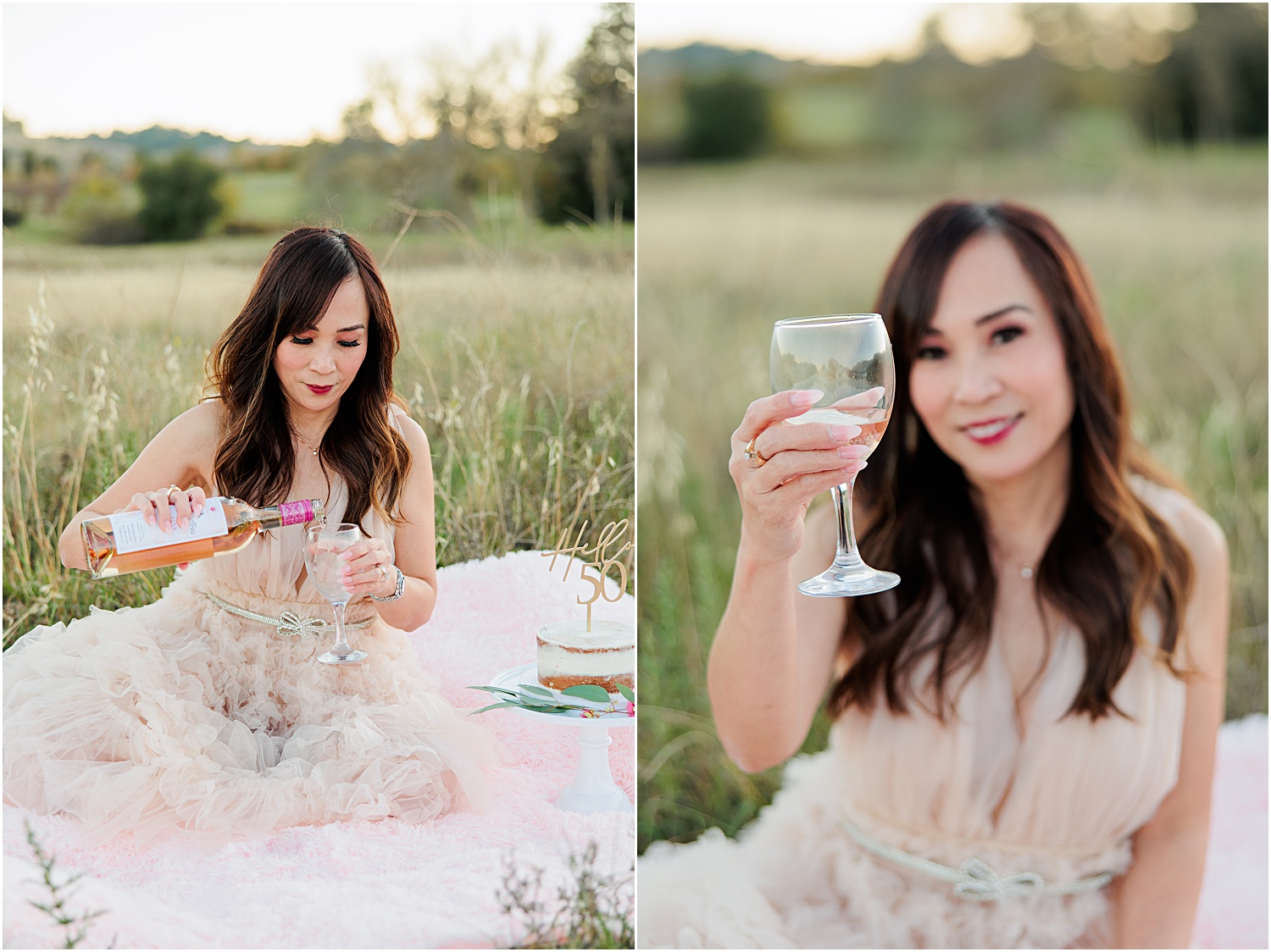 50th Birthday Photo Session - woman wearing tulle dress pouring wine