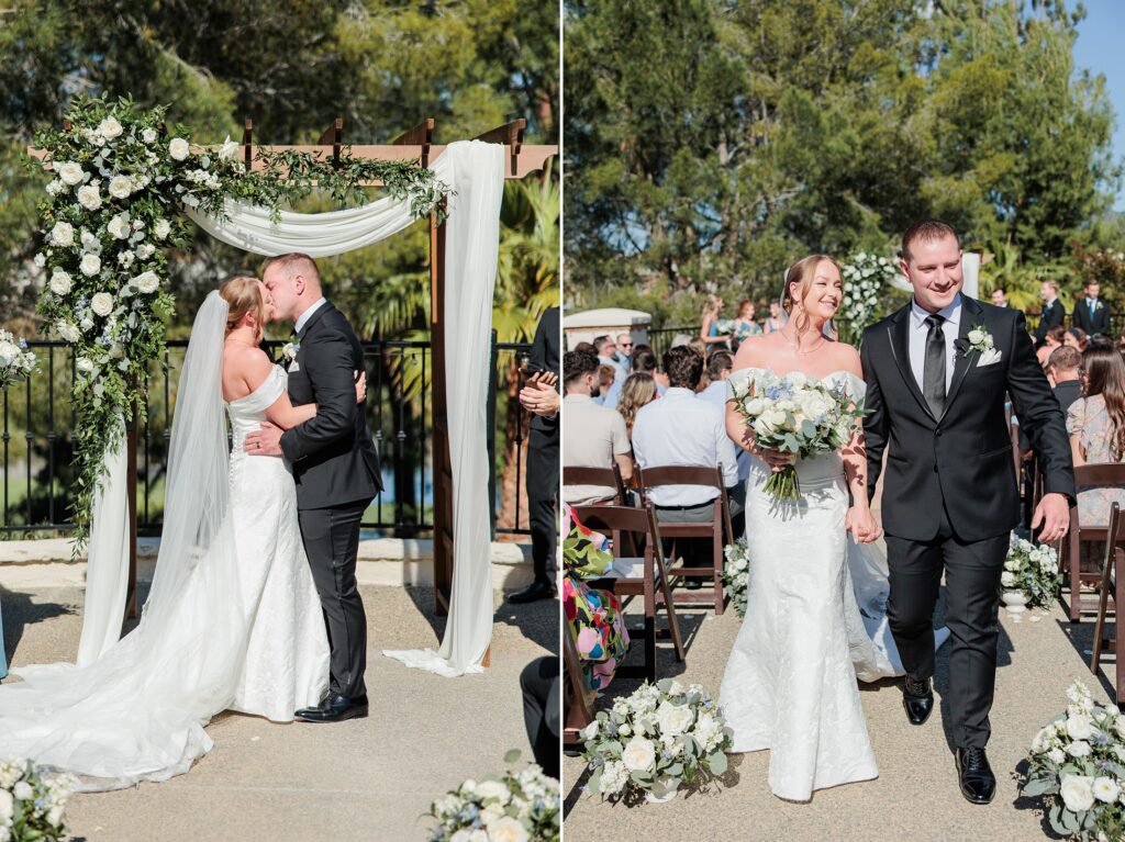 Hawk's Pointe wedding venue, bride and groom first kiss and walking down isle together