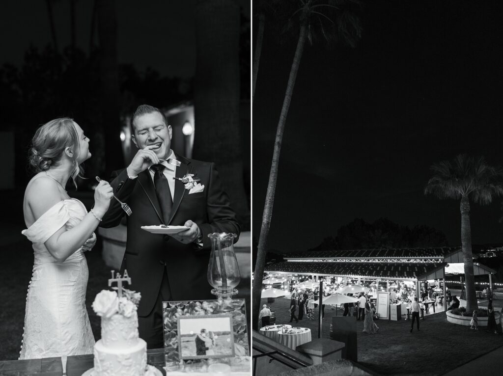 Hawk's Pointe wedding venue bride and groom eating cake, venue at night