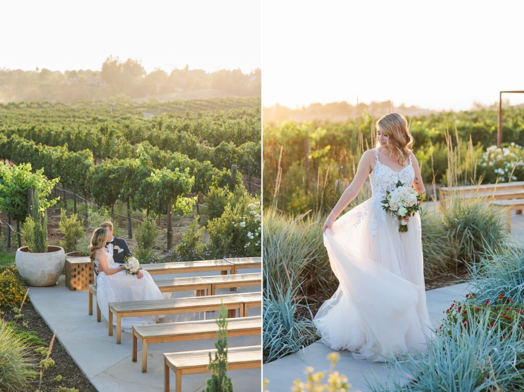 Southern California wedding photographer | Aubrey Rae | Danza Del Sol Temecula wedding venue, couple during romantics at ceremony site, and bride portrait in wedding dress