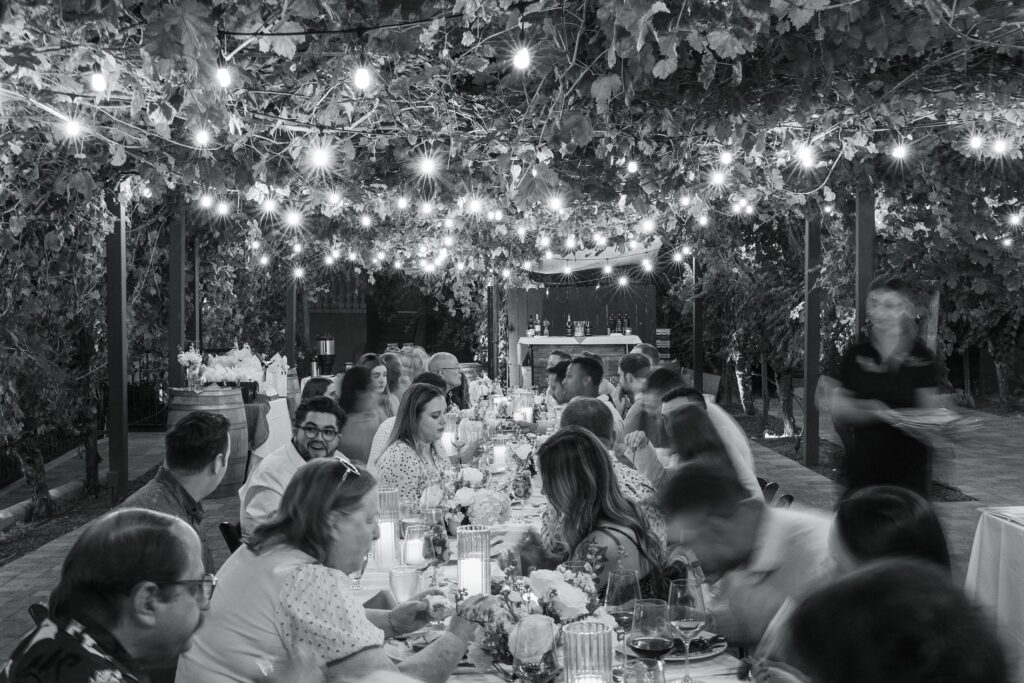 southern california wedding welcome party dinner Wilson Creek  winery guests at dinner table under canopy of lights