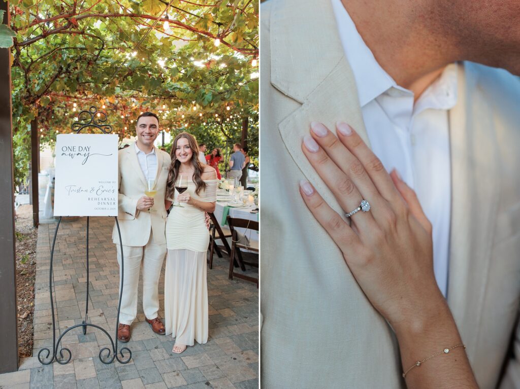 southern california wedding welcome party dinner Wilson Creek winery couple with welcome signage
